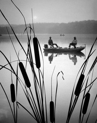 Framed 1980s Two Men Silhouetted Bass Fishing Print