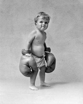 Framed 1930s Baby Boy Toddler Wearing  Boxing Gloves Print