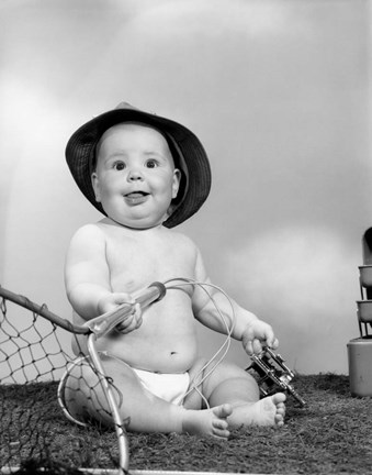 Framed 1960s Baby Girl Wearing Fishing Hat Print