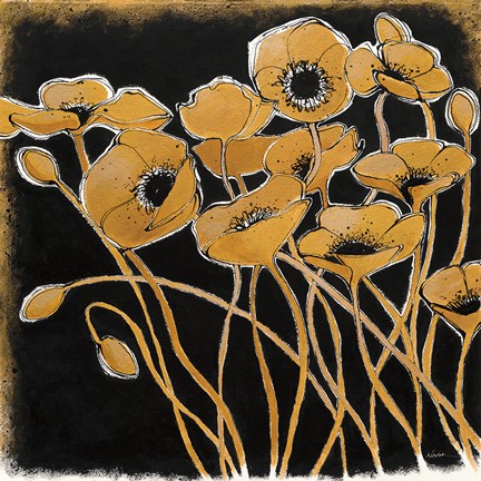 Framed Gold Black Line Poppies I Print