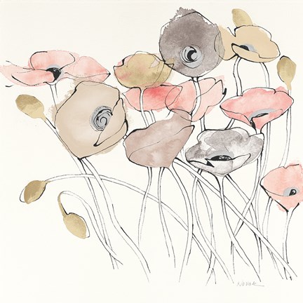 Framed Black Line Poppies I Watercolor Neutral Print