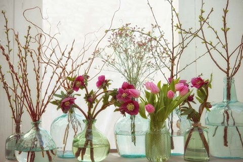 Framed Spring Flowers in Glass Bottles VII Print