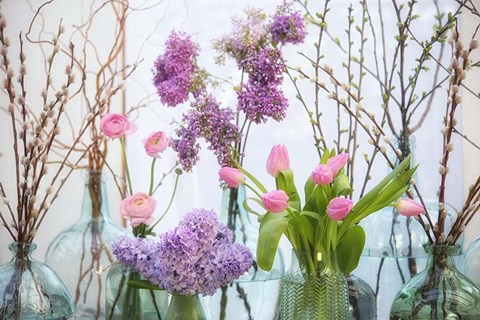 Framed Spring Flowers in Glass Bottles VIII Print