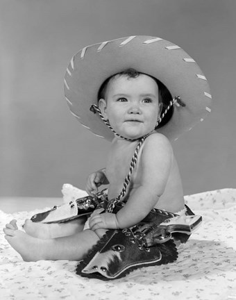 Framed 1960s Baby Girl Wearing Cowboy Hat Print