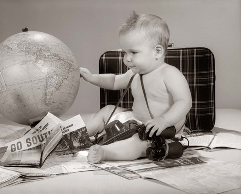 Framed 1960s Baby Seated Looking At Globe Print