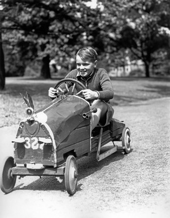 Framed 1930s Boy Driving Home In Race Car Print