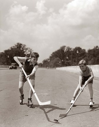 Framed 1930s 1940s 2 Boys With Sticks And Puck Print