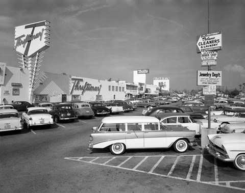 Framed 1950s Shopping Center Parking Lot Print