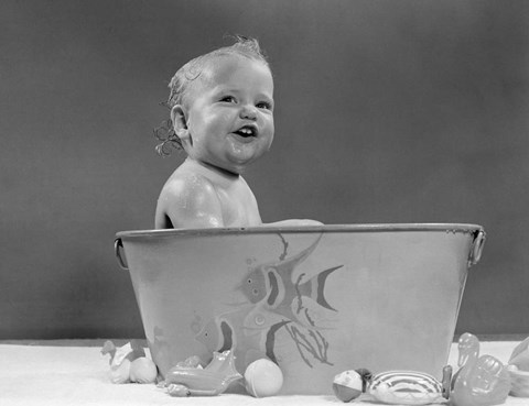 Framed 1940s 1950s Smiling Baby In Bath Tub Studio Indoor Print