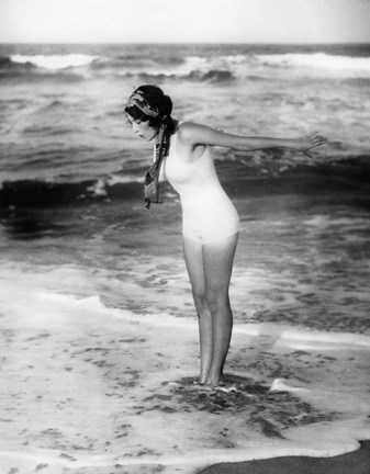 Framed 1920s Woman Wearing Bathing Suit &amp; Head Scarf Print