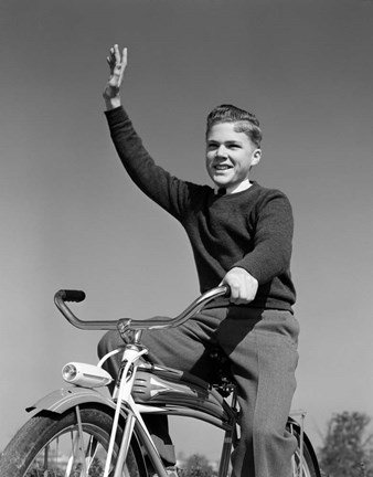 Framed 1940s 1950s Smiling Boy Riding Bike Waving Print