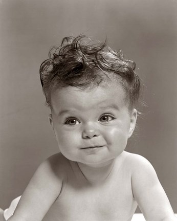 Framed 1950s Portrait Baby With Messy Curly Hair &amp; Straight Face Print