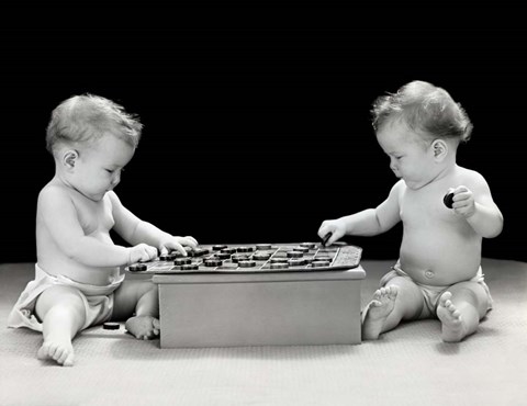 Framed 1930s 1940s Twin Babies Playing Game Of Checkers Print