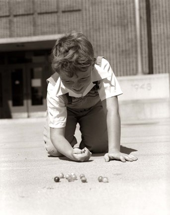 Framed 1950s Smiling Boy On School Yard Ground Playing Print