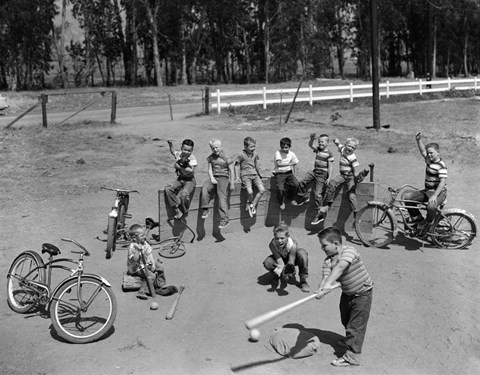 Framed 1950s 10 Neighborhood Boys Playing Sand Lot Baseball Print