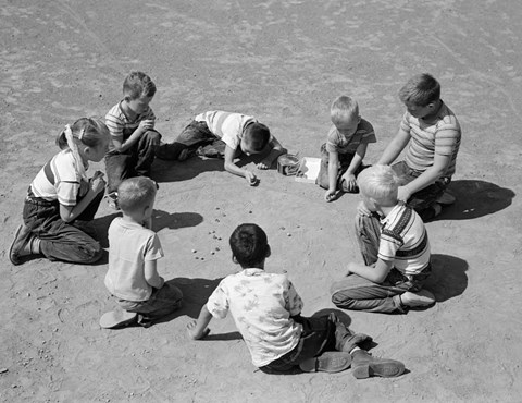 Framed 1950s Boys &amp; Girls Shooting Marbles Print