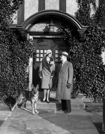 Framed 1920s Couple Wearing Coat Hat Gloves With German Shepherd Dog Print
