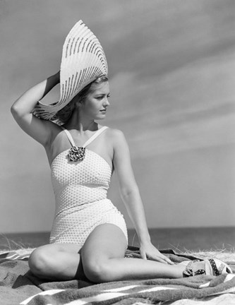 Framed 1930s 1940s Woman In Bathing Suit On Beach Wearing Big Hat Print