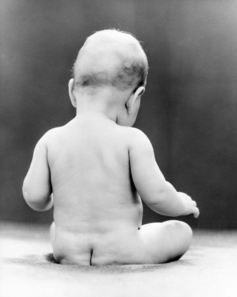 Framed 1930s Naked Baby Sitting On Bare Bottom Behind Print