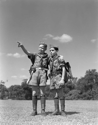 Framed 1950s Two Boy Scouts One Pointing Wearing Hiking Gear Print