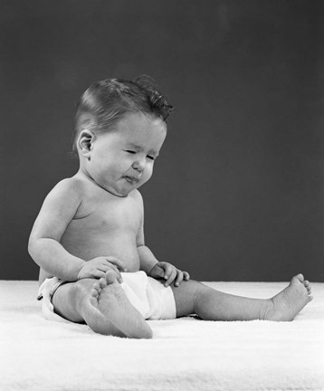 Framed 1950s Baby Sitting Up Wearing Diaper Making Face Print