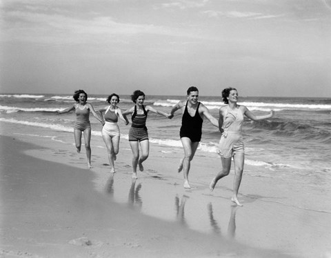 Framed 1930s Four Women And One Man Running On Beach Print