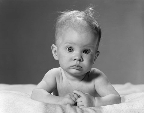 Framed 1960s Baby Lying On Stomach With Messy Hair Print