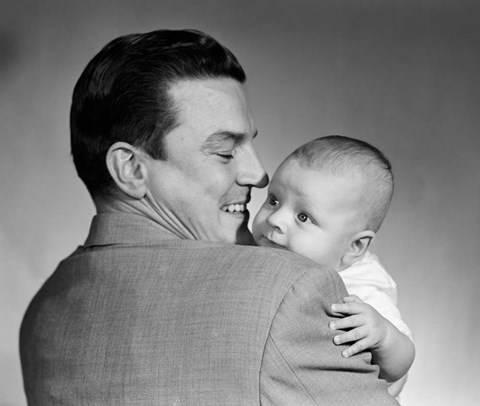Framed 1950s Proud Smiling Father Holding Baby Face To Camera Print