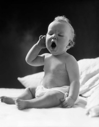 Framed 1930s Baby Sitting Up In Bed Sleepy Print