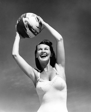 Framed 1940s Woman In White Bathing Suit Holding A Beach Ball Print