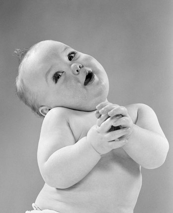 Framed 1950s Baby In Diaper Head To One Side Arms Hands Clasped In Front Print