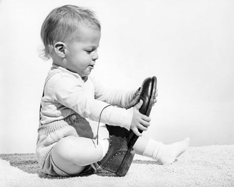 Framed 1960s Baby Boy Trying To Put On Man&#39;S Shoe Print