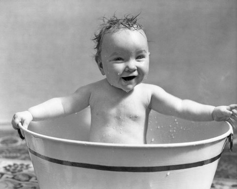 Framed 1920s 1930s Wet Baby Girl Sitting In Metal Wash Tub Print