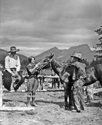 Framed 1930s Cowboys &amp; A Woman Grooming A Horse Print