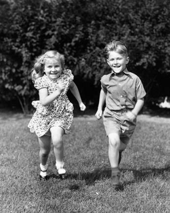 Framed 1930s 1940s Boy And Girl Running In Backyard Print