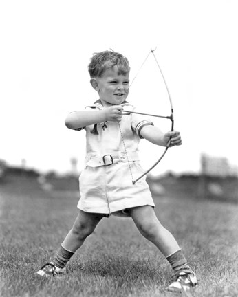 Framed 1930s Boy Outdoors Aiming Toy Bow And Arrow Archery Print