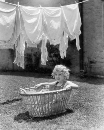 Framed 1930s 1940s Girl Outdoors Sitting In Laundry Basket Print