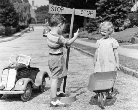 Framed 1930s 1940s Boy Playing Traffic Cop Print