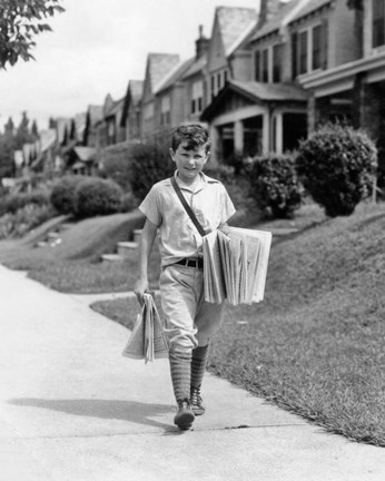 Framed 1930s Newsboy Delivering Newspapers Print