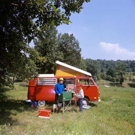 Framed 1970s Father And Son Cooking At Campsite Print