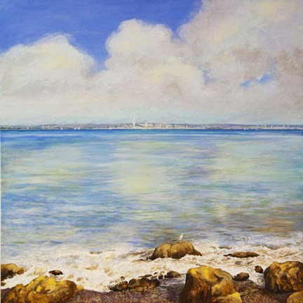 Framed Across the Water with Rocks and Seagulls Print