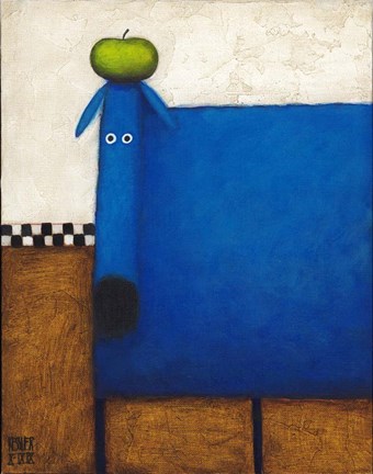 Framed Blue Dog With Apple Print