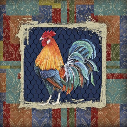 Framed Damask Rooster - P Print