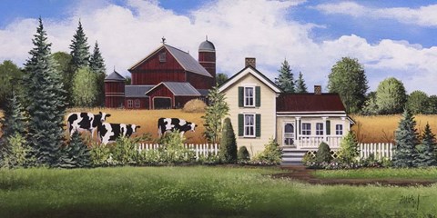 Framed House, Barn &amp; Cows Print