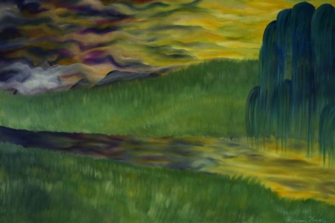 Framed Willow Tree Yellow Sunrise Print