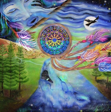 Framed Tribal Dream Catcher Wolf Print