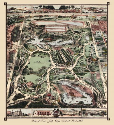 Framed Map Of New York City's Central Park 1860 Print