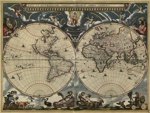 Framed Map of the World by Blaeu 1684 Print