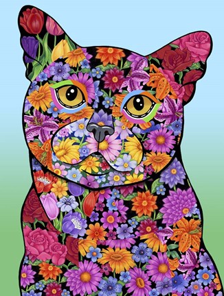 Framed Flowers Black Cat Print