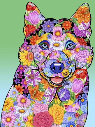 Framed Flowers Siberian Husky Print